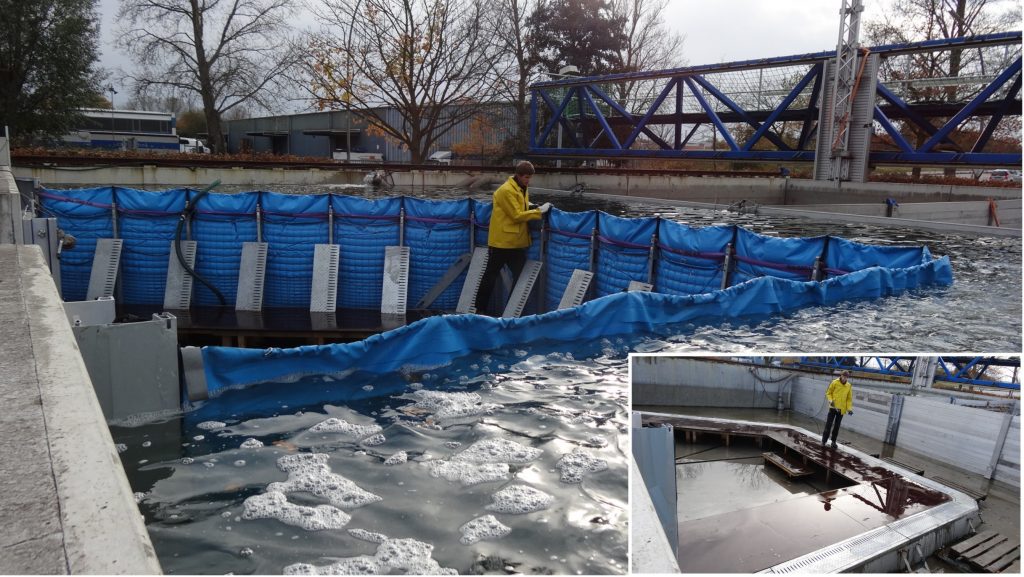 Das mobile Hochwasserschutzsystem die AquaWand aufgebaut und eingebaut durch eine Person Das mobile Hochwasserschutzsystem die AquaWand aufgebaut und eingebaut durch eine Person